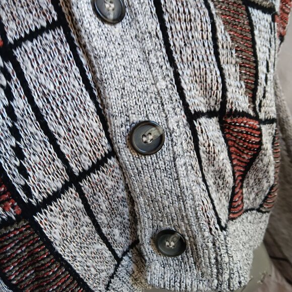 Vintage Men's Cardigan Sweater Large 1990's Ugly Geometric Silver Rayon/Cotton - Picture 8 of 9